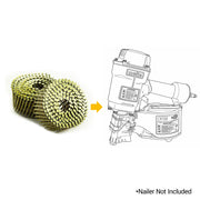 meite USA 15-degree ring shank coil siding nails shown with a compatible pneumatic coil nailer, with the nailer not included