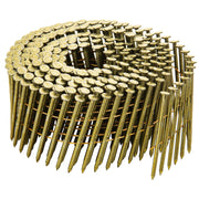 One coil of meite USA 15-degree yellow-coated siding nails with ring shanks on a white background