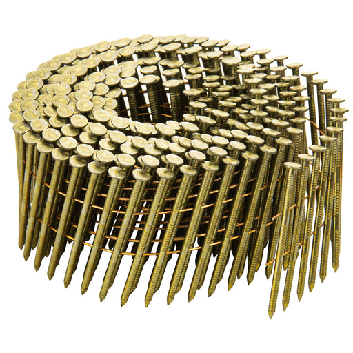One coil of meite USA 15-degree yellow-coated siding nails with ring shanks on a white background