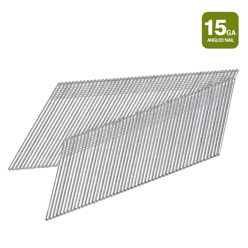 Two stripes of meite USA 15 gauge 34 degree angled finish nails in galvanized collated strips for trim, molding and woodworking