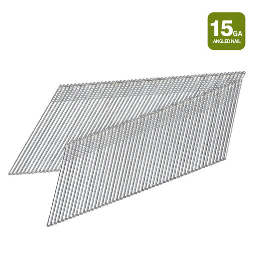 Two stripes of meite USA 15 gauge 34 degree angled finish nails in galvanized collated strips for trim, molding and woodworking