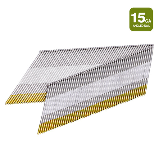 Meite USA 15 gauge 34 degree D-head angled finish nails in galvanized glue-collated strips for finish carpentry