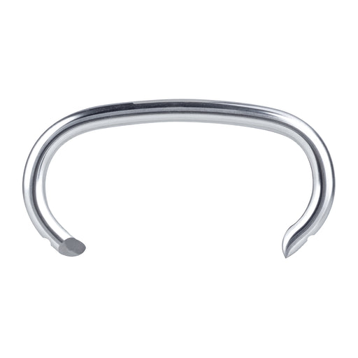 Close-up of one meite USA 15 gauge galvanized hog ring showing its C-shaped profile and sharp angled points on a white background