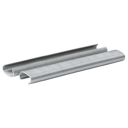 Collated strips of meite USA 15 gauge galvanized hog rings with a 3/4-inch inner crown and 15/16-inch outer crown on a white background