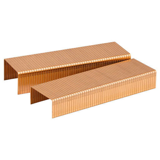 Two strips of meite USA 16 gauge 1-3/8-inch crown carton closing staples for sealing corrugated boxes on a white background