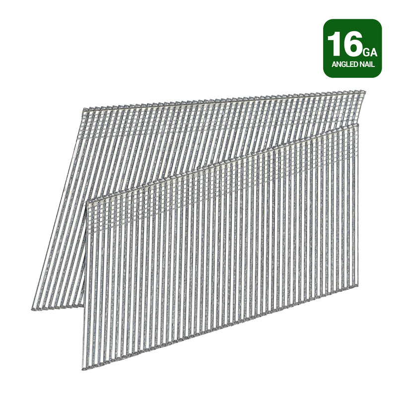 Meite USA 16 gauge 20 degree angled finish nails in galvanized collated strips for trim, molding and cabinetry