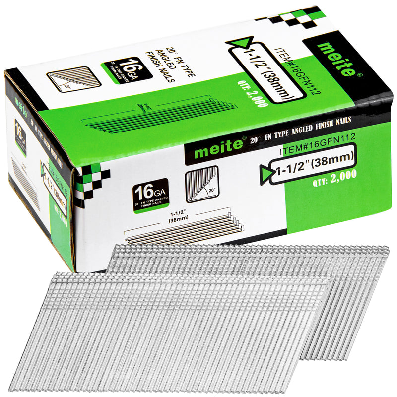 Meite USA 1-1/2 inch 16 gauge 20 degree FN-type angled finish nails with galvanized collated strips and 2,000-count retail box