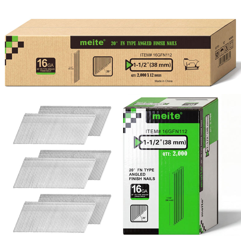 Case of Meite USA 1-1/2 inch 16 gauge 20 degree FN-type angled finish nails containing 12 boxes of 2,000 nails each, with one inner box displayed