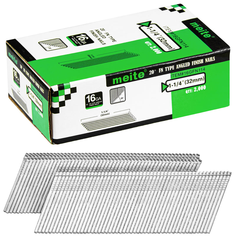 Meite USA 1-1/4 inch 16 gauge 20 degree FN-type angled finish nails with galvanized collated strips and 2,000-count retail box
