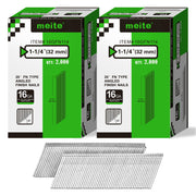 Two retail boxes of Meite USA 1-1/4 inch 16 gauge 20 degree FN-type angled finish nails, 2,000 galvanized nails per box