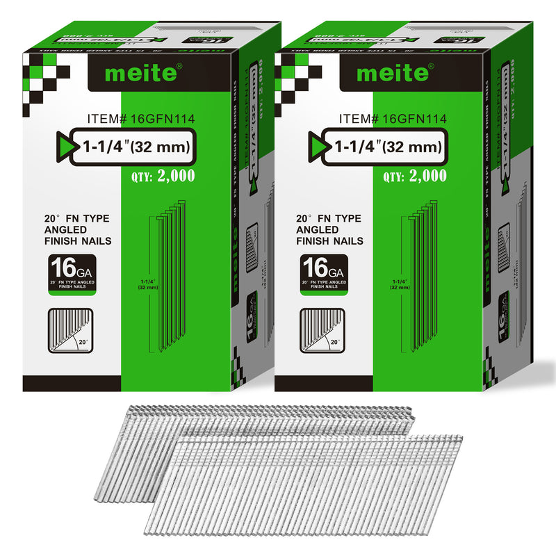 Two retail boxes of Meite USA 1-1/4 inch 16 gauge 20 degree FN-type angled finish nails, 2,000 galvanized nails per box