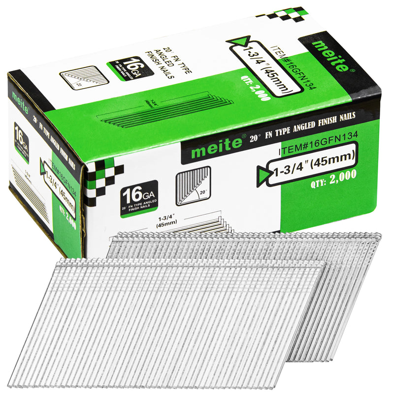 Meite USA 1-3/4 inch 16 gauge 20 degree FN-type angled finish nails with galvanized collated strips and 2,000-count retail box