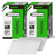 Two retail boxes of Meite USA 1-3/4 inch 16 gauge 20 degree FN-type angled finish nails, 2,000 galvanized nails per box