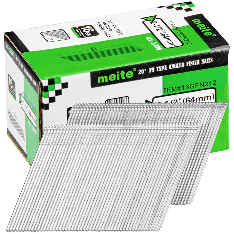 Meite USA 2-1/2 inch 16 gauge 20 degree FN-type angled finish nails with galvanized collated strips and 2,000-count retail box