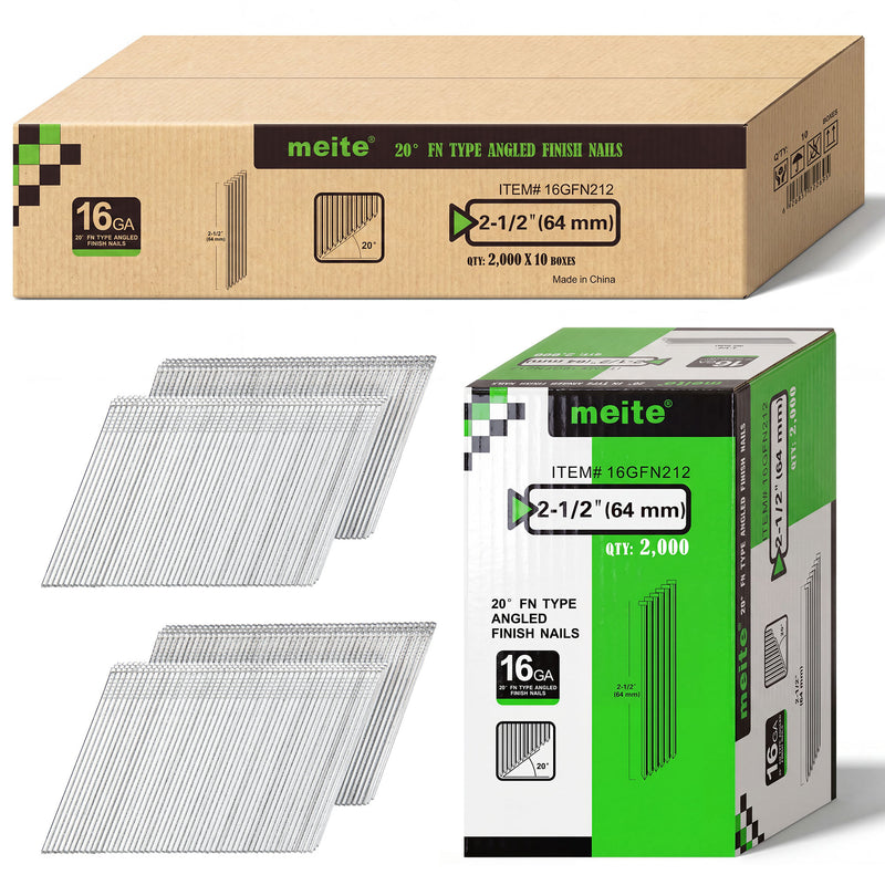 Case of Meite USA 2-1/2 inch 16 gauge 20 degree FN-type angled finish nails containing 10 boxes of 2,000 nails each, with one inner box displayed