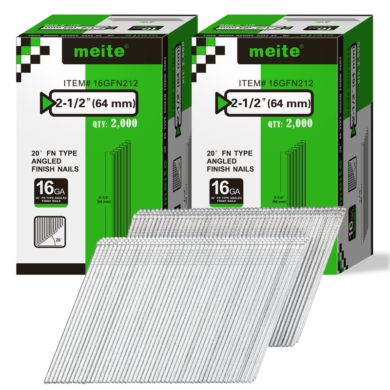 Two retail boxes of Meite USA 2-1/2 inch 16 gauge 20 degree FN-type angled finish nails, 2,000 galvanized nails per box