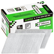 Meite USA 2 inch 16 gauge 20 degree FN-type angled finish nails with galvanized collated strips and 2,000-count retail box