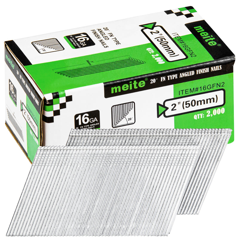Meite USA 2 inch 16 gauge 20 degree FN-type angled finish nails with galvanized collated strips and 2,000-count retail box