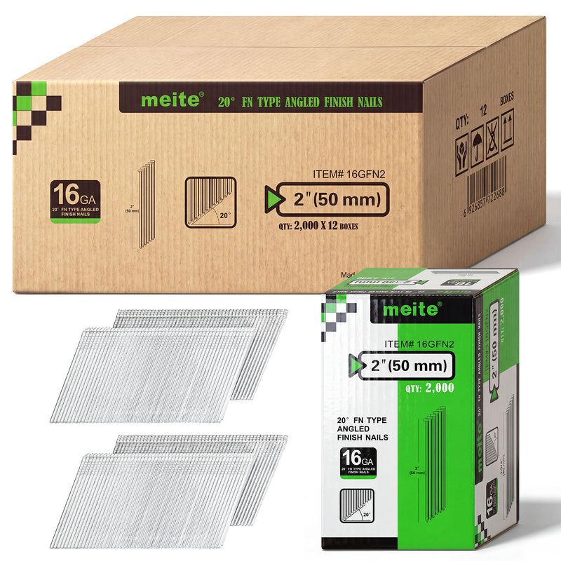 Case of Meite USA 2 inch 16 gauge 20 degree FN-type angled finish nails containing 12 boxes of 2,000 nails each, with one inner box displayed
