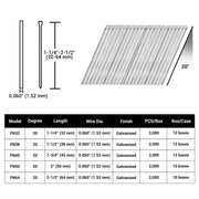 Meite USA 16 gauge 20 degree angled finish nails chart showing 1-1/4 to 2-1/2 inch sizes, 2,000 nails per box and case quantities