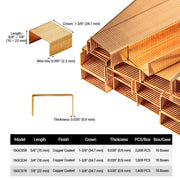 Size guide for meite USA 16 gauge carton closing staples with 1-3/8-inch crown, 5/8 to 7/8-inch legs and packaging quantities
