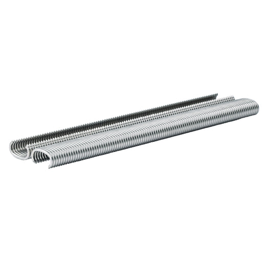 Collated strips of meite USA 16 gauge galvanized hog rings with a 1/2-inch inner crown and 5/8-inch outer crown on a white background
