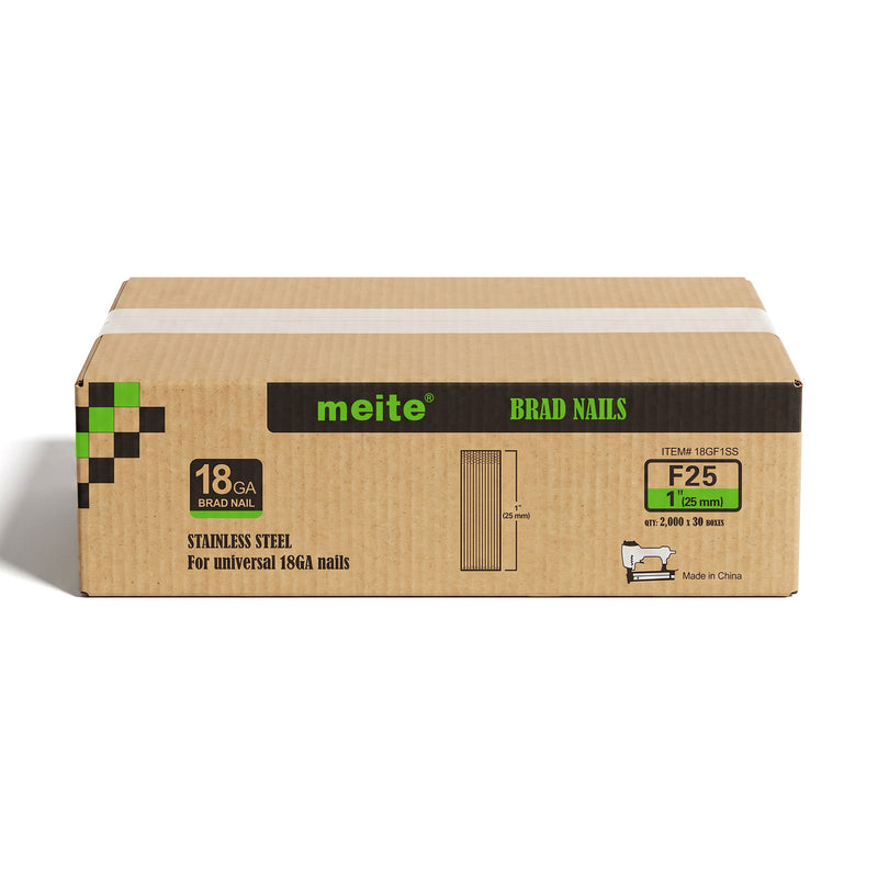 One case of meite USA 18 gauge 304 stainless steel brad nails with 1-inch legs, containing 30 boxes and 60,000 nails total, on a white background