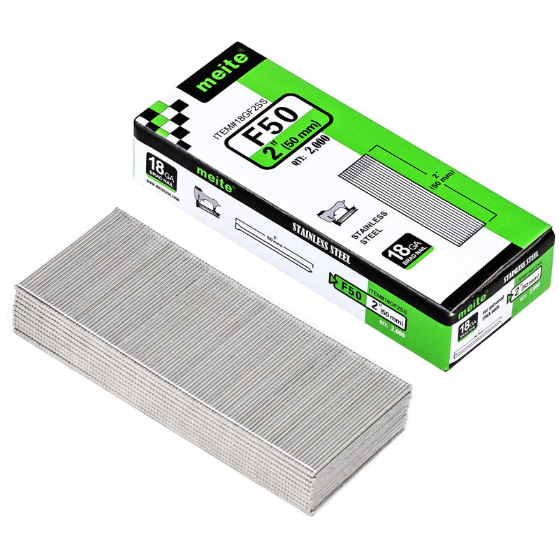One box and nail strips of meite USA 18 gauge 304 stainless steel brad nails with 2-inch legs, 2,000 count, on a white background