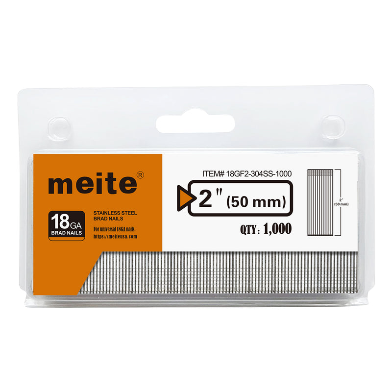 One retail pack of meite USA 18 gauge 304 stainless steel brad nails with 2-inch legs, 2,000 count, on a white background