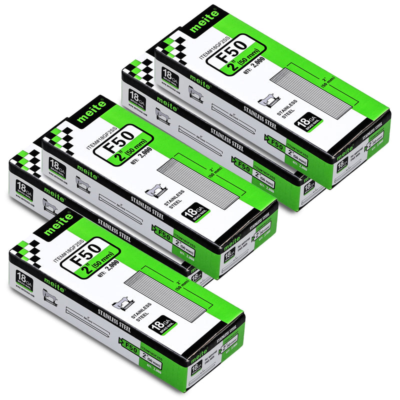 Five boxes of meite USA 18 gauge 304 stainless steel brad nails with 2-inch legs, 2,000 per box and 10,000 total, on a white background