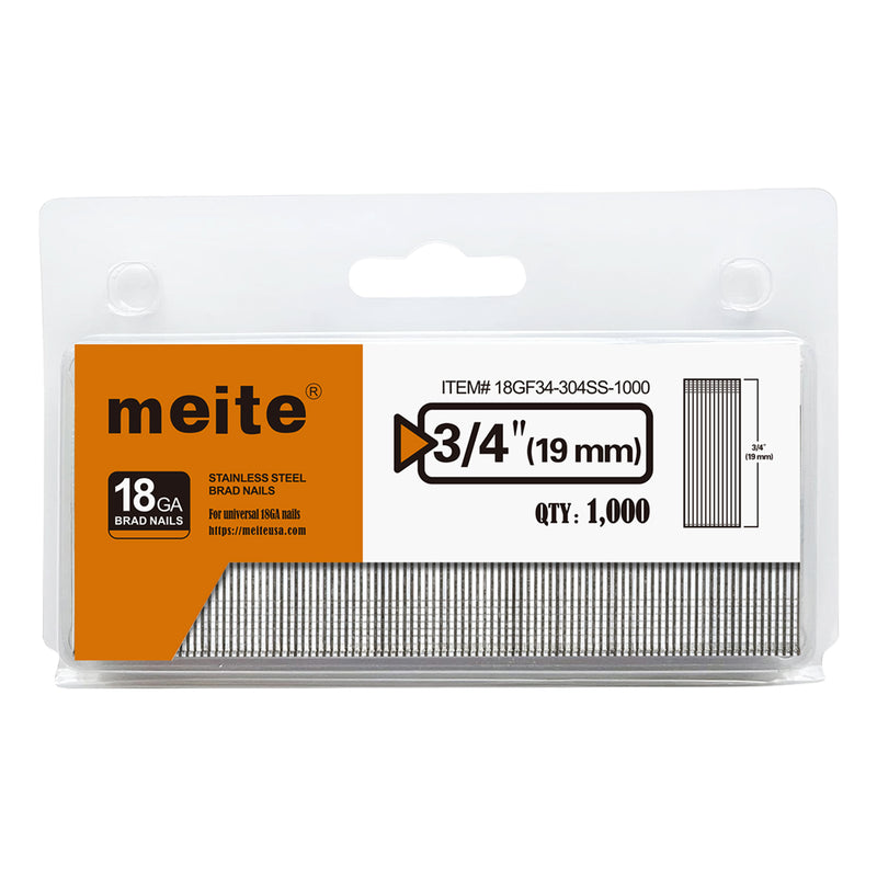One retail pack of meite USA 18 gauge 304 stainless steel brad nails with 3/4-inch legs, 2,000 count, on a white background