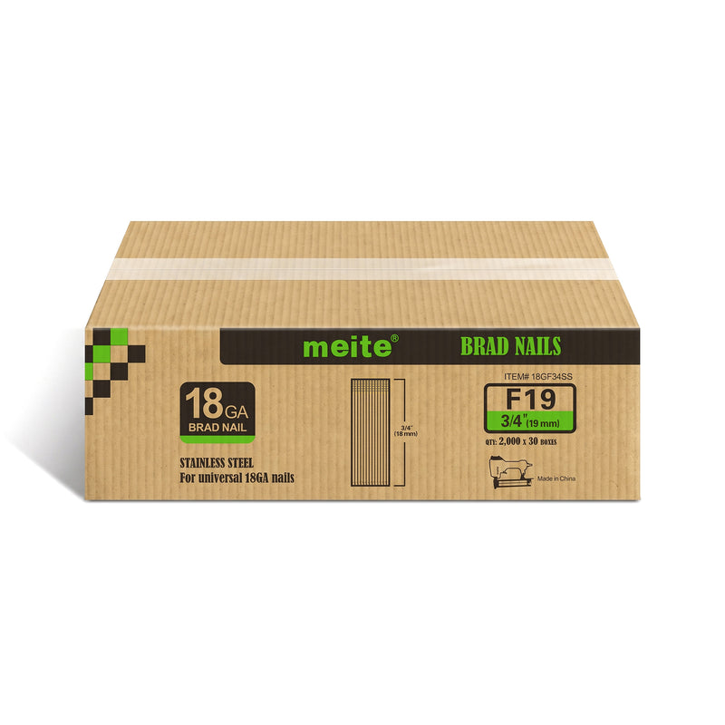 One case of meite USA 18 gauge 304 stainless steel brad nails with 3/4-inch legs, containing 30 boxes and 60,000 nails total, on a white background