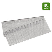 Two strips of meite USA 18 gauge 304 stainless steel brad nails in different lengths on a white background