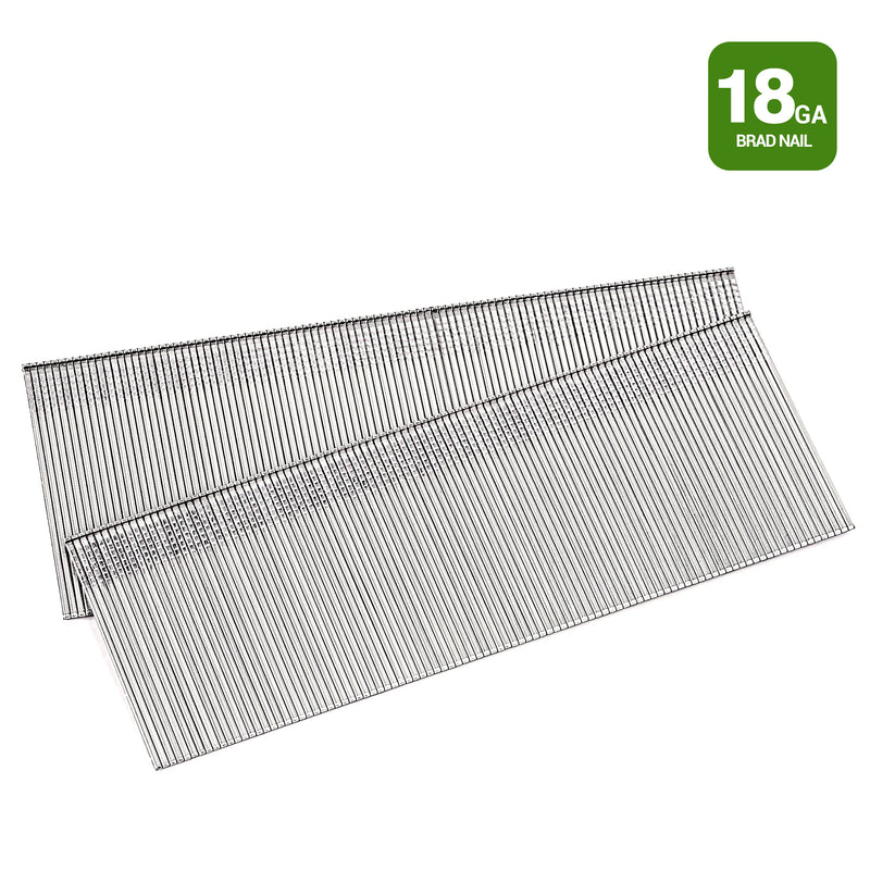Two strips of meite USA 18 gauge 304 stainless steel brad nails in different lengths on a white background