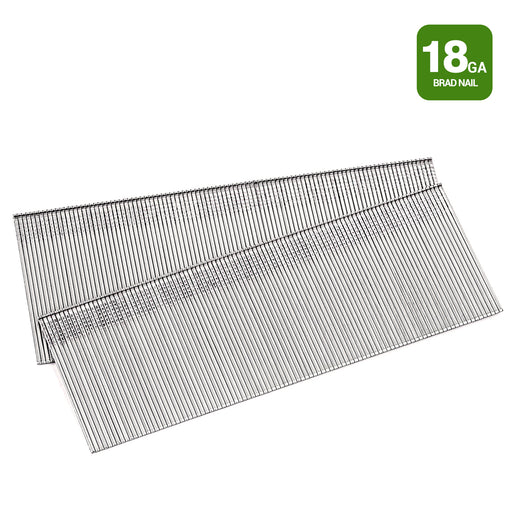 Two strips of meite USA 18 gauge 304 stainless steel brad nails in different lengths on a white background