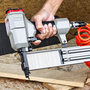 meite USA 18 gauge galvanized brad nails loaded into a pneumatic brad nailer for woodworking projects