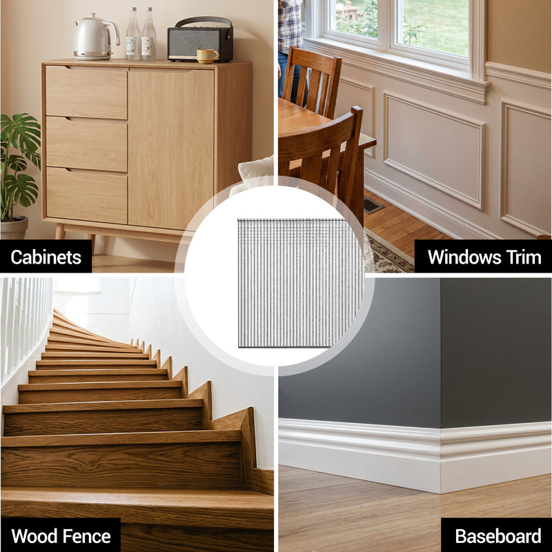 Applications of meite USA 18 gauge galvanized brad nails for cabinets, window trim, wood fencing and baseboards