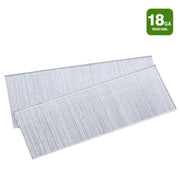 Two strips of meite USA 18 gauge galvanized brad nails for trim, molding and woodworking on a white background