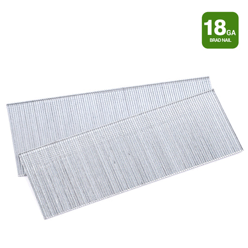 Two strips of meite USA 18 gauge galvanized brad nails for trim, molding and woodworking on a white background