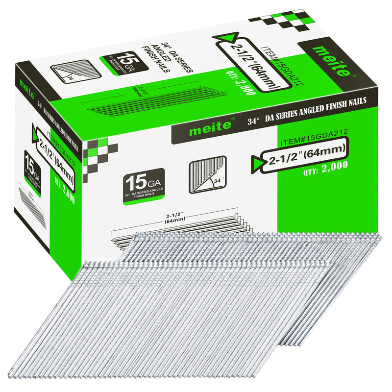 Meite USA 2-1/2 inch 15 gauge 34 degree angled finish nails, galvanized collated strips in a 2,000-count box