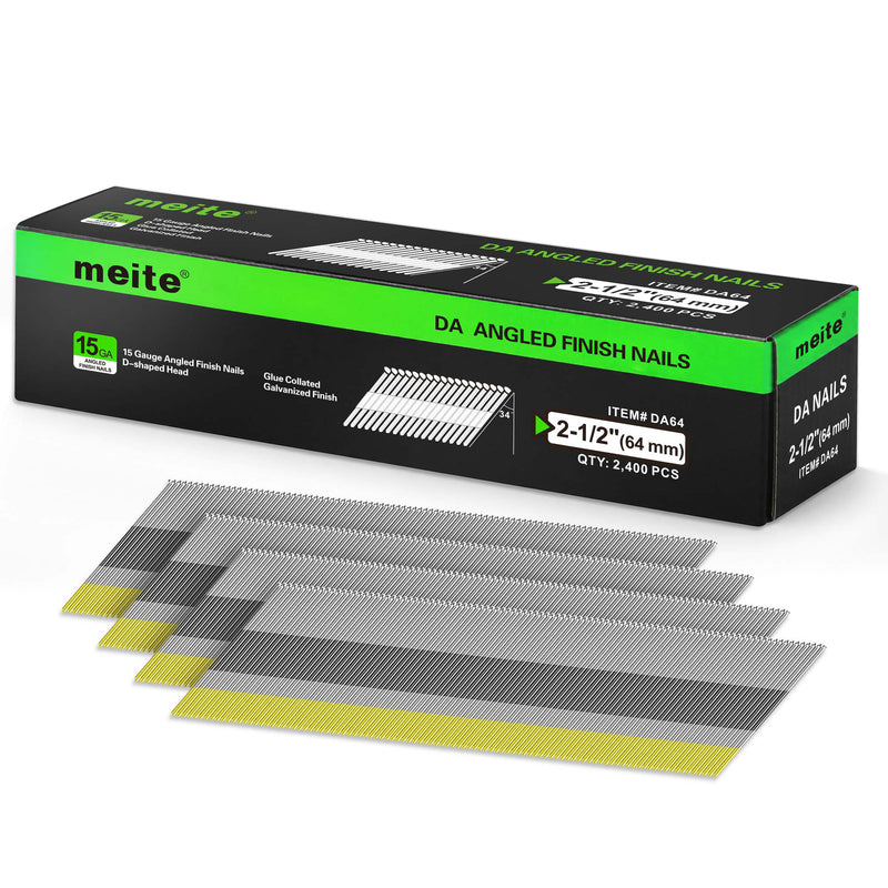 Meite USA 2-1/2 inch 64 mm angled finish nails with galvanized glue-collated strips and 2,400-count retail box