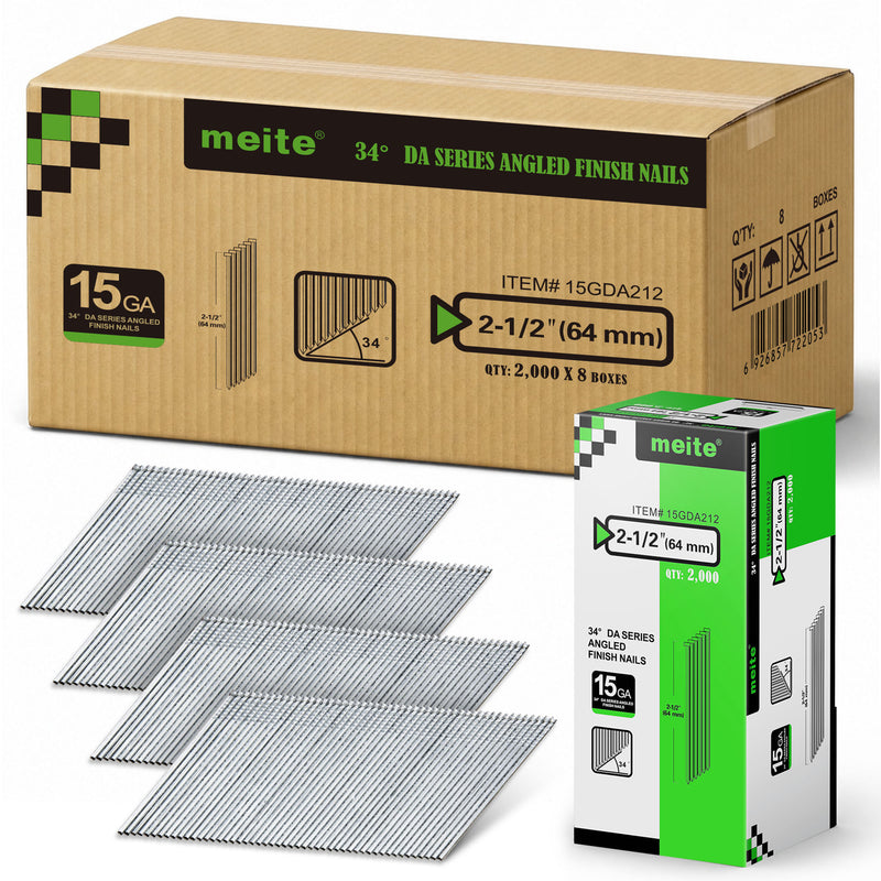 Meite USA 2-1/2 inch 64 mm 15 gauge 34 degree angled finish nails with galvanized collated strips and 2,000-count retail packaging