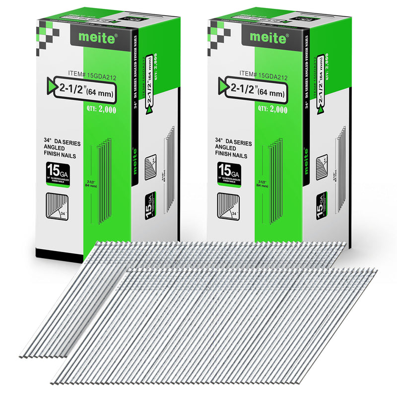 Two retail boxes of Meite USA 2-1/2 inch 64 mm 15 gauge 34 degree angled finish nails, 2,000 galvanized nails per box