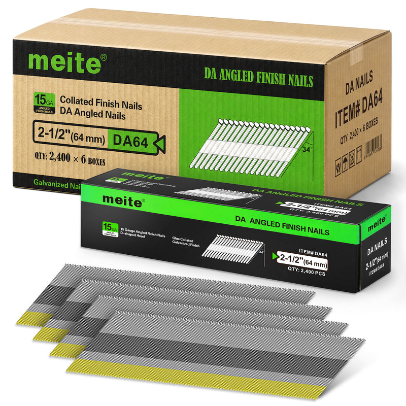 Case of Meite USA 2-1/2 inch angled finish nails containing 6 retail boxes of 2,400 nails each, with one inner box displayed