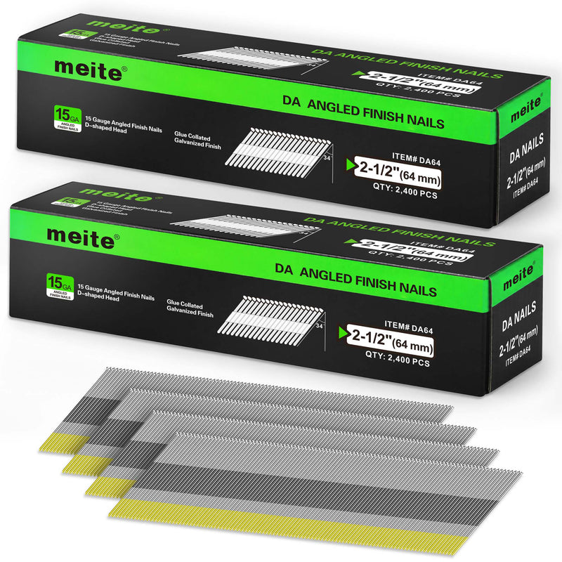 Two retail boxes of Meite USA 2-1/2 inch 15 gauge 34 degree angled finish nails, 2,400 galvanized nails per box
