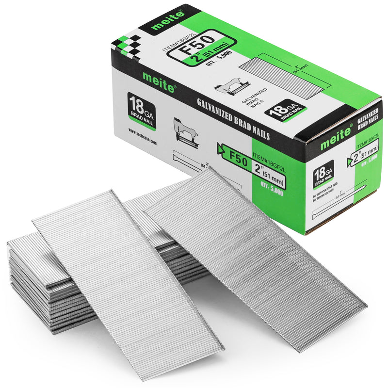 One box and nail strips of meite USA 18 gauge galvanized brad nails with 2-inch length and 5,000 nails on a white background