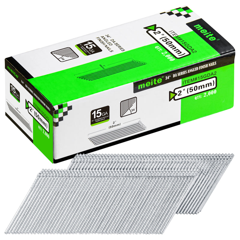 Meite USA 2 inch 15 gauge 34 degree angled finish nails, galvanized collated strips in a 2,000-count box