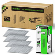 Case of Meite USA 2 inch 50 mm angled finish nails containing 8 retail boxes of 2,000 nails each, with one inner box displayed