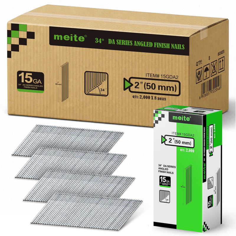 Case of Meite USA 2 inch 50 mm angled finish nails containing 8 retail boxes of 2,000 nails each, with one inner box displayed