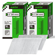 Two retail boxes of Meite USA 2 inch 50 mm 16 gauge 20 degree angled finish nails, 2,000 galvanized nails per box